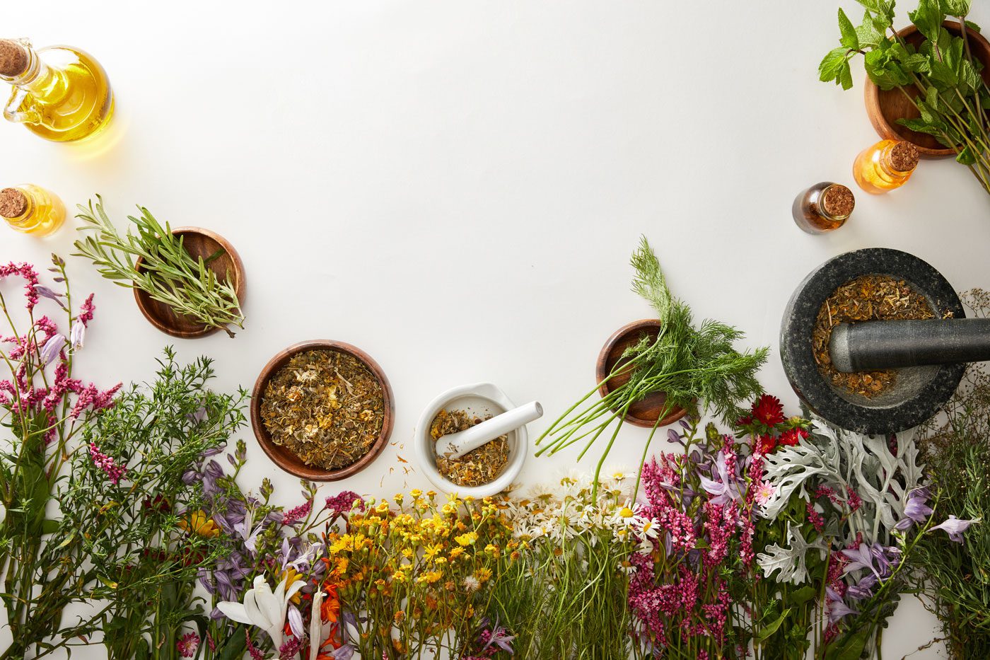 Nicoles Apothecary Bronchial Blend tincture dried herbs in bundles and bowls